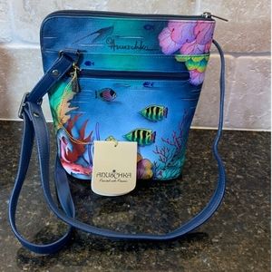 ANUSCHKA Hand painted on leather is a underwater ocean scene messanger bag NWT